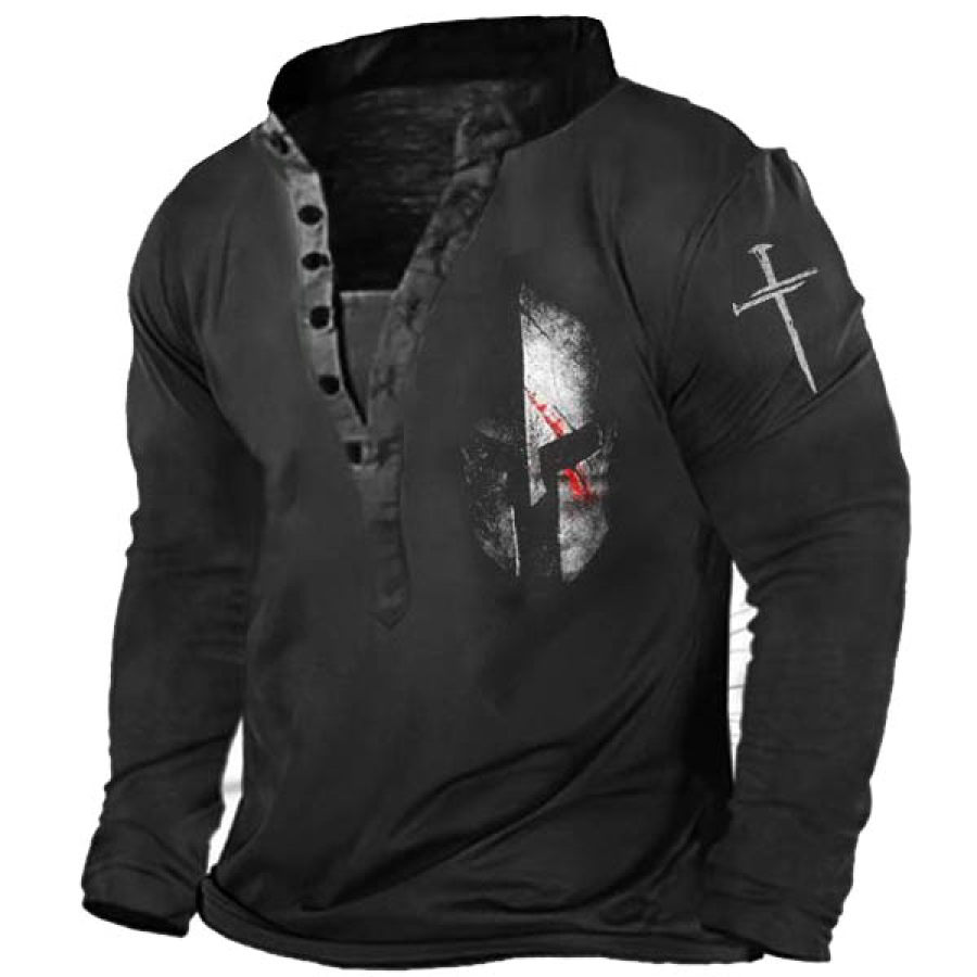 

Spartan Mask Print Jesus Cross Men's Henley Long Sleeve T-Shirt