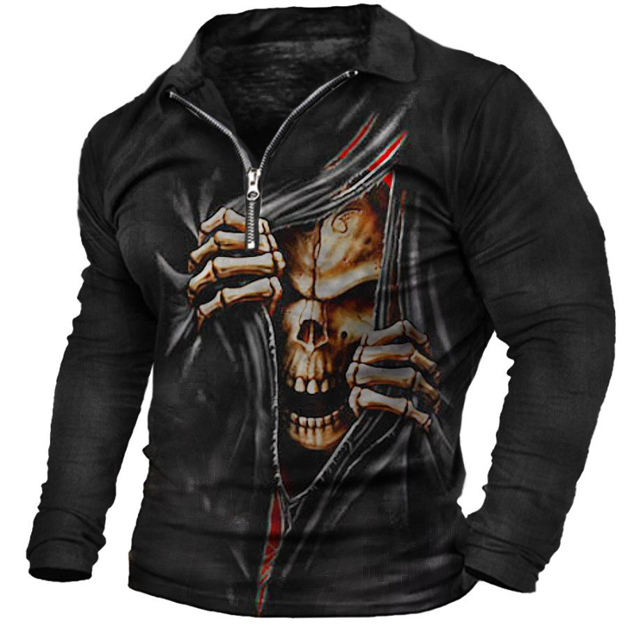 

Men's Vintage 3D Skull Print Zip Polo Neck Long Sleeve T-Shirt