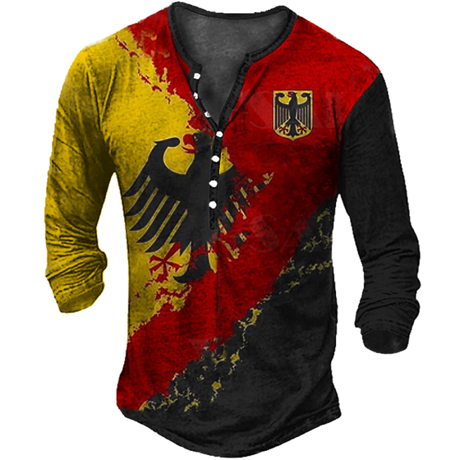 

Men's German Flag Eagle Vintage Print Henley Collar Long Sleeve T-Shirt