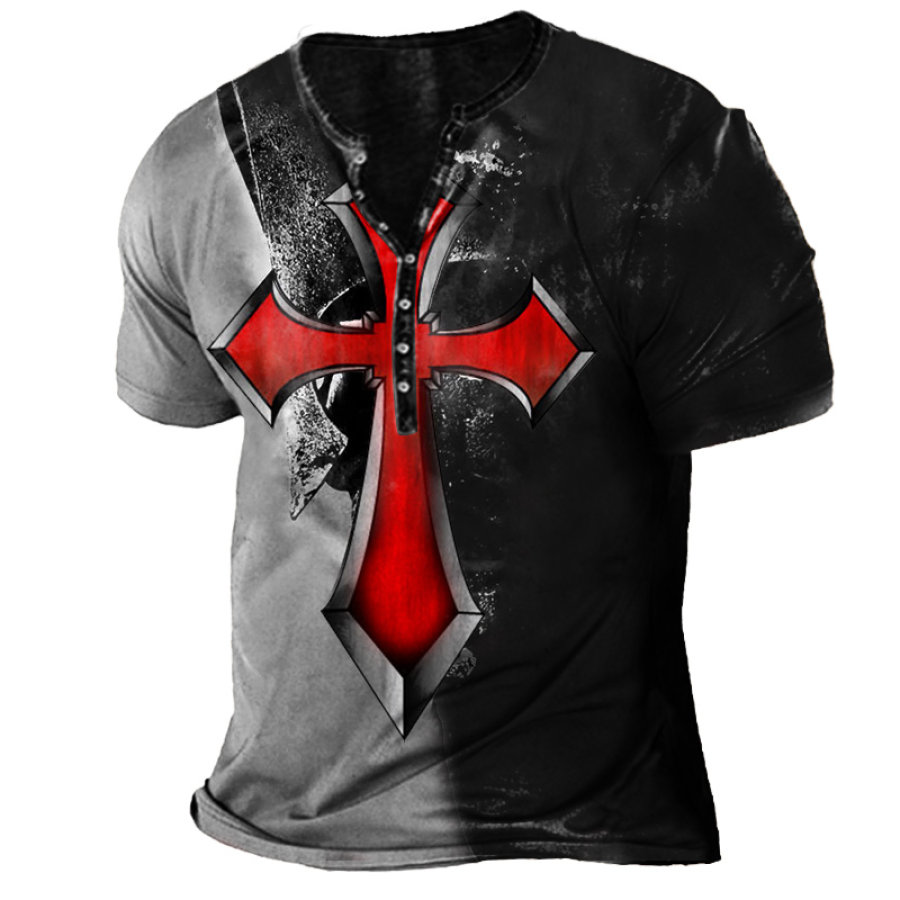 

Men's Jesus Cross Graphic Contrast Print Henley T-Shirt