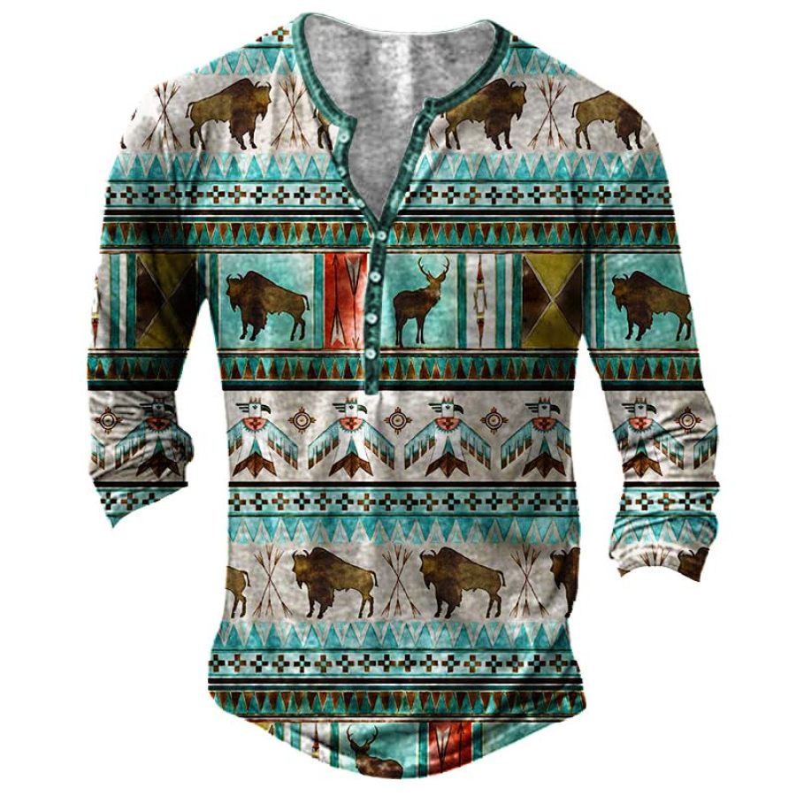 

Men's Ethnic Geometric Animal Henley Long Sleeve T-Shirt