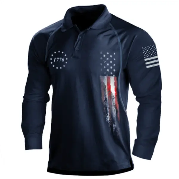 Men's 1776 Independence Day American Flag Graphic Print Long Sleeve Polo Shirt - Kalesafe.com 