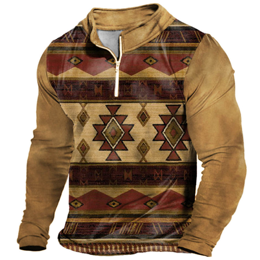 

Men's Vintage Ethnic Geometric Print Zip Long Sleeve T-Shirt