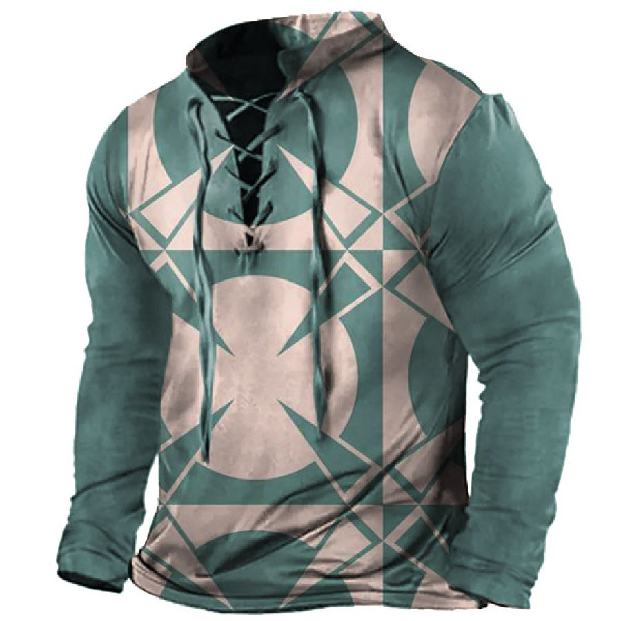 

Vintage Ethnic Brown Green Geometric Pattern Print Men's Drawstring Long Sleeve T-Shirt