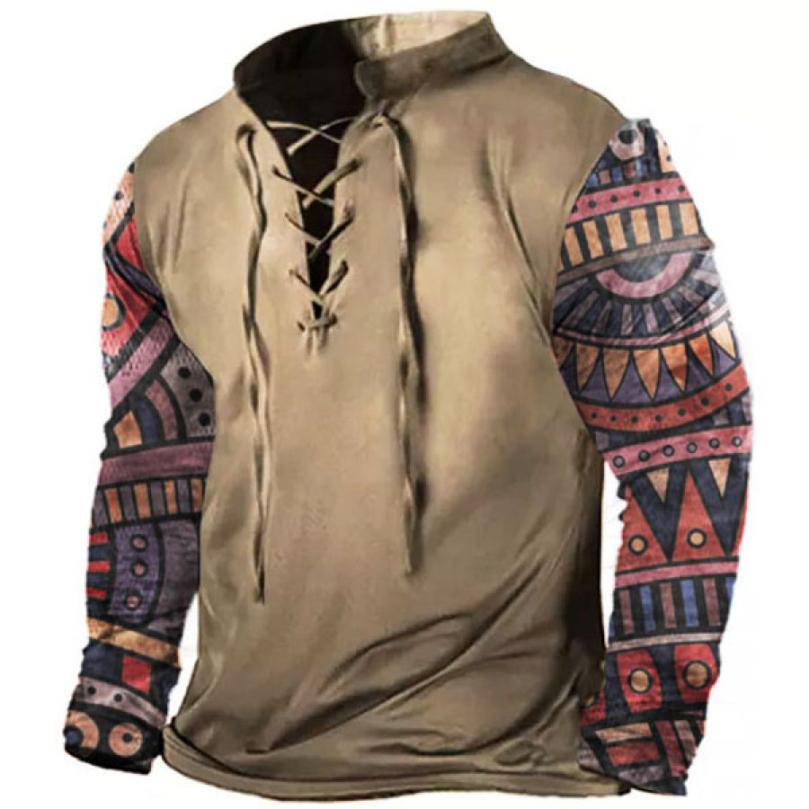 

Men's Outdoor Ethnic Graphic Print Drawstring Long Sleeve T-Shirt