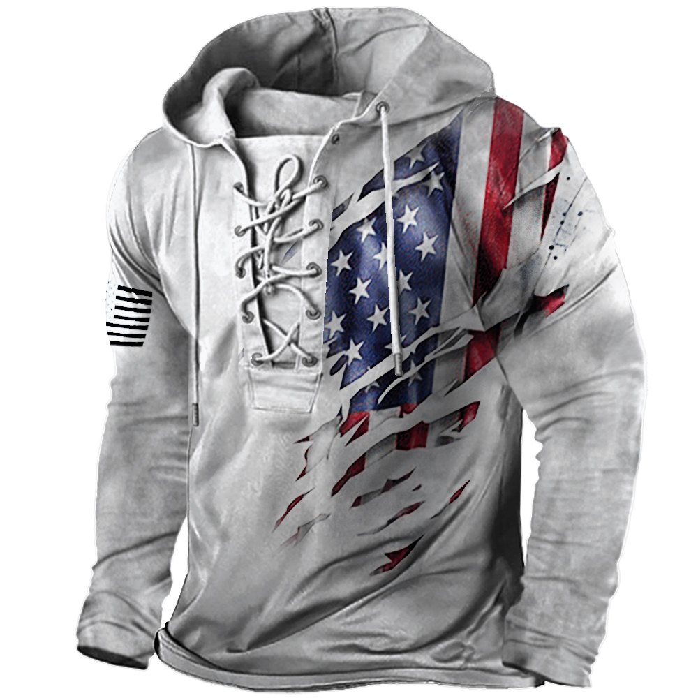 Men's Vintage American Flag Print Lace-Up Hooded Long Sleeve T-Shirt