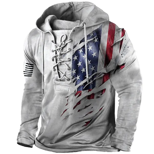 Men's Vintage American Flag Print Lace-Up Hooded Long Sleeve T-Shirt - Mosaicnew.com 