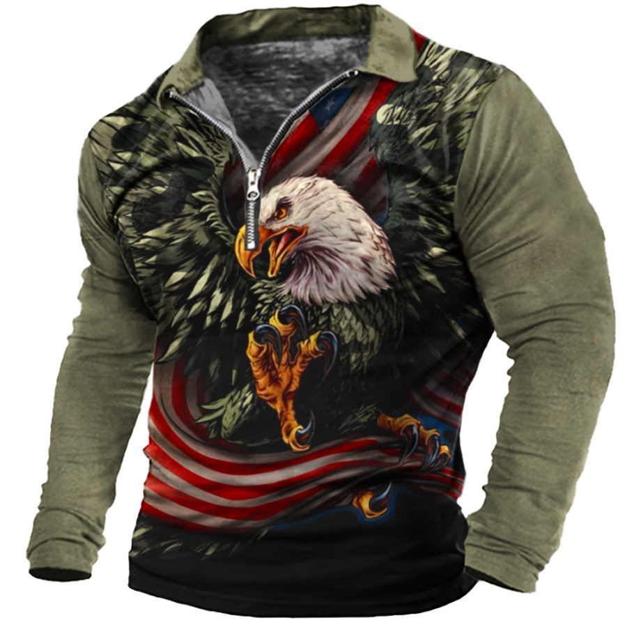 

Men's American Flag Eagle Print Long Sleeve Zip Polo T-Shirt
