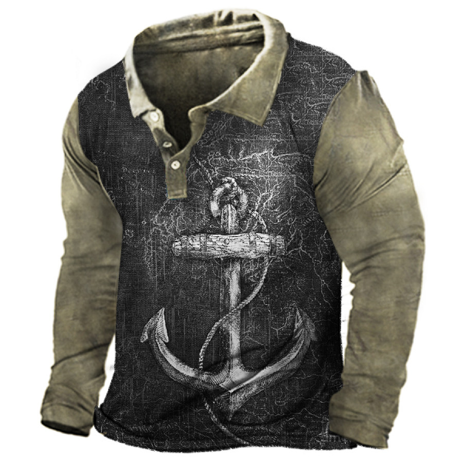 

Men's Vintage Nautical Map Anchor Print Polo Long Sleeve T-Shirt