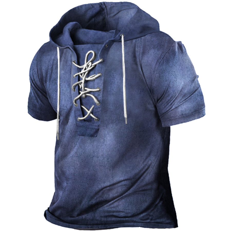 

Men's Outdoor Vintage Print Lace-Up Hooded Short Sleeve T-Shirt
