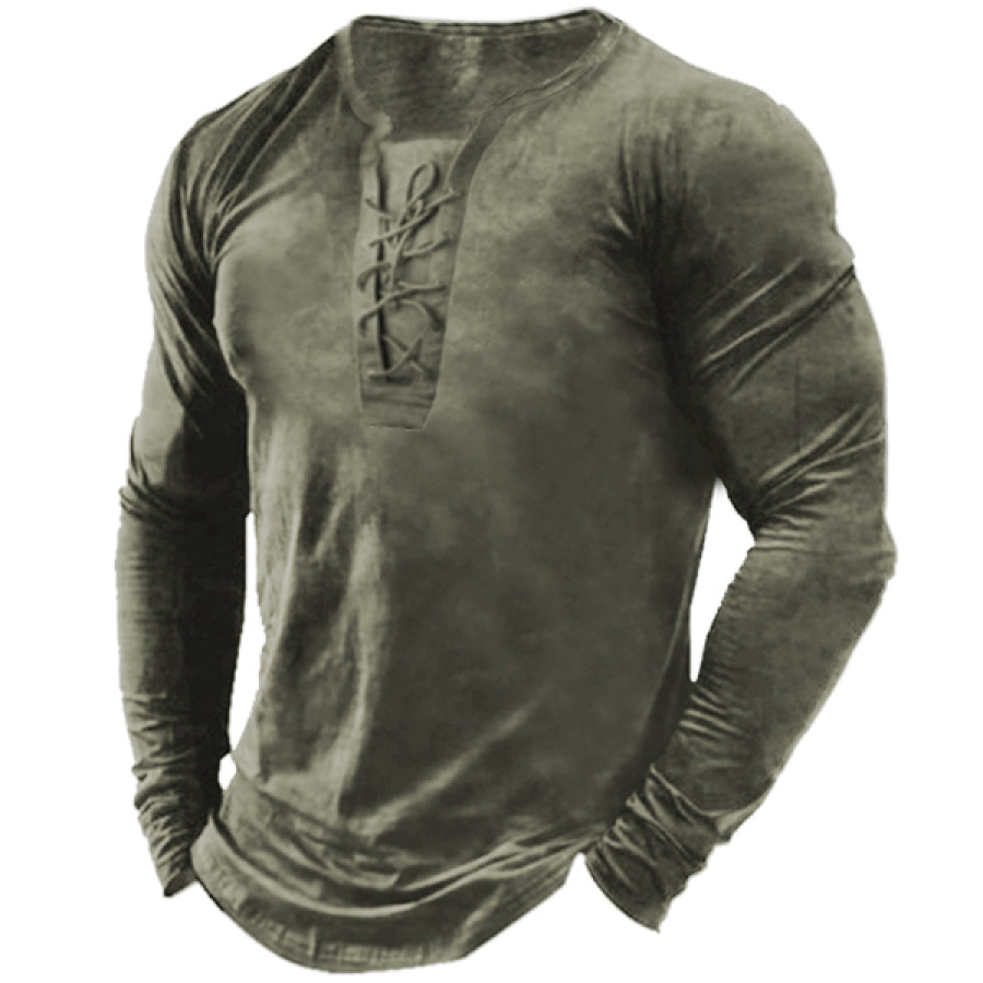 

Men's Outdoor Vintage Tie Henley Collar Long Sleeve T-Shirt