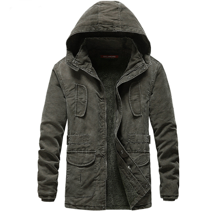 

Men's Multi-pocket Drawstring Fleece Thickned Down Cotton Jacket