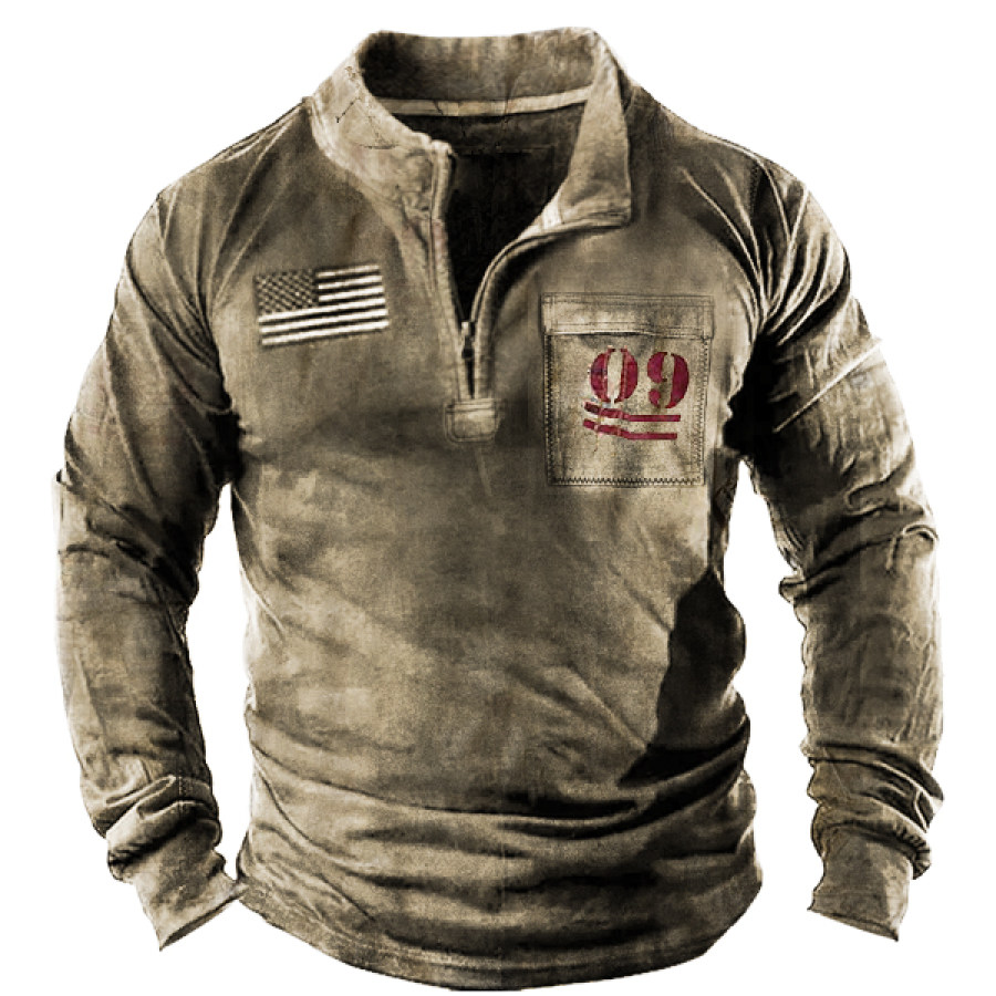 

Men's Vintage Print Henley Half Zip Tactical T-Shirt