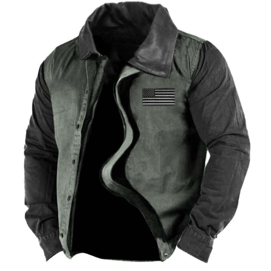 

Men's Outdoor American Flag Contrast PU Leather Collar Tactical Jacket