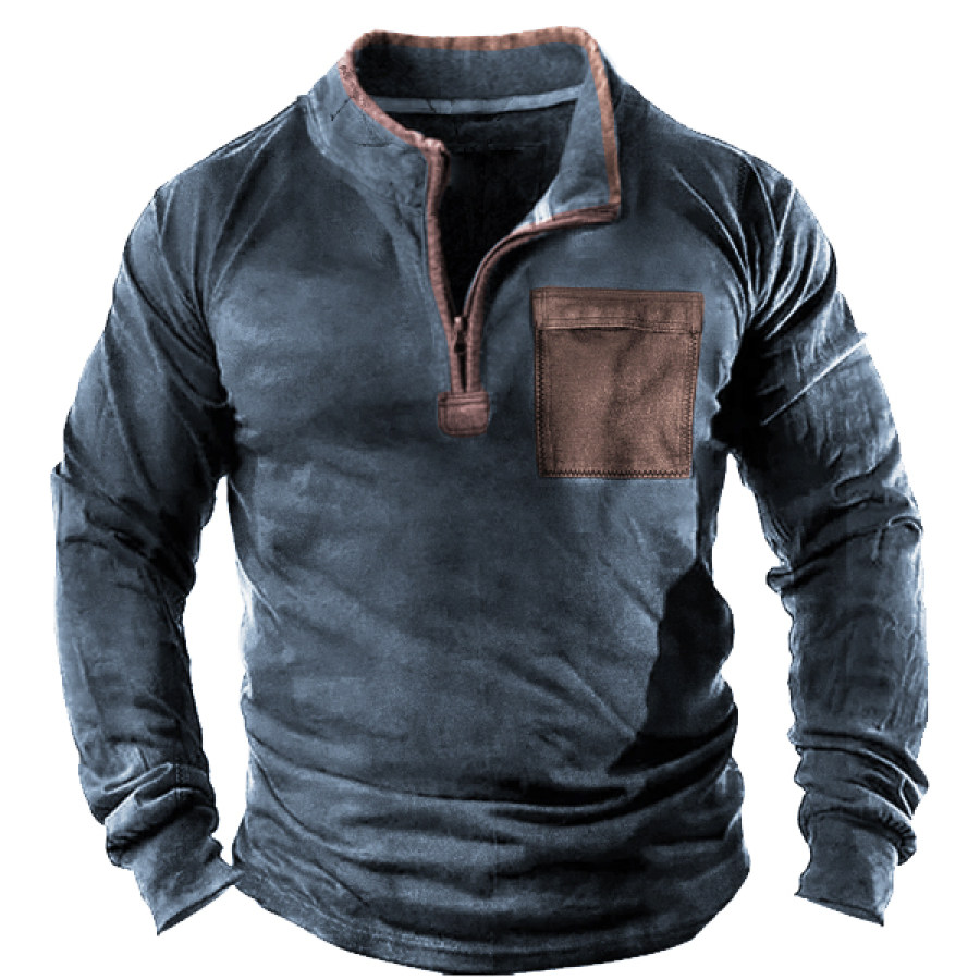 

Men's Vintage Print Pocket Tactical Henley Half Zip Long Sleeve T-Shirt