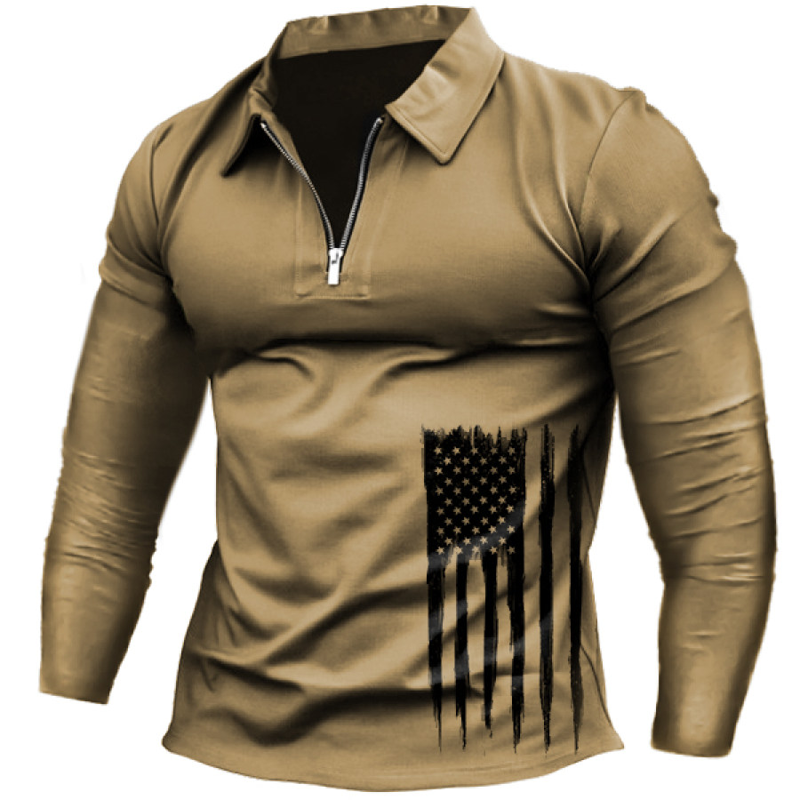 

Men's American Flag Print Zip Polo Neck Long Sleeve T-Shirt