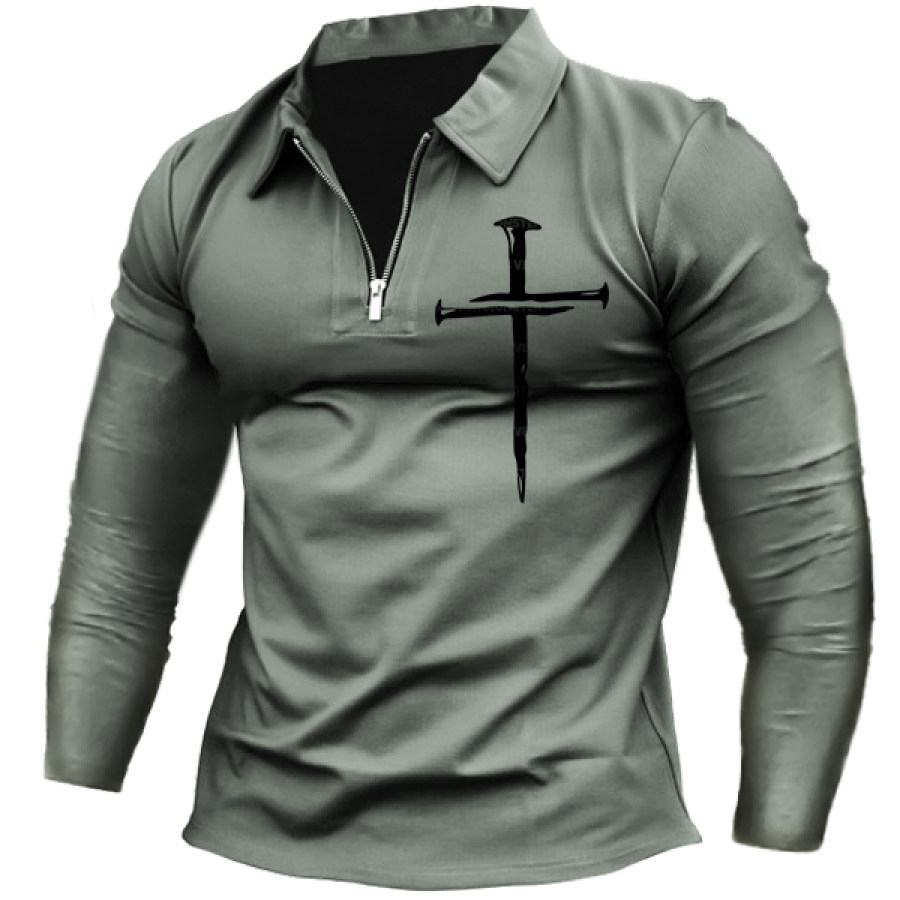 

Men's Outdoor Cross Print Zip Polo Neck Long Sleeve T-Shirt