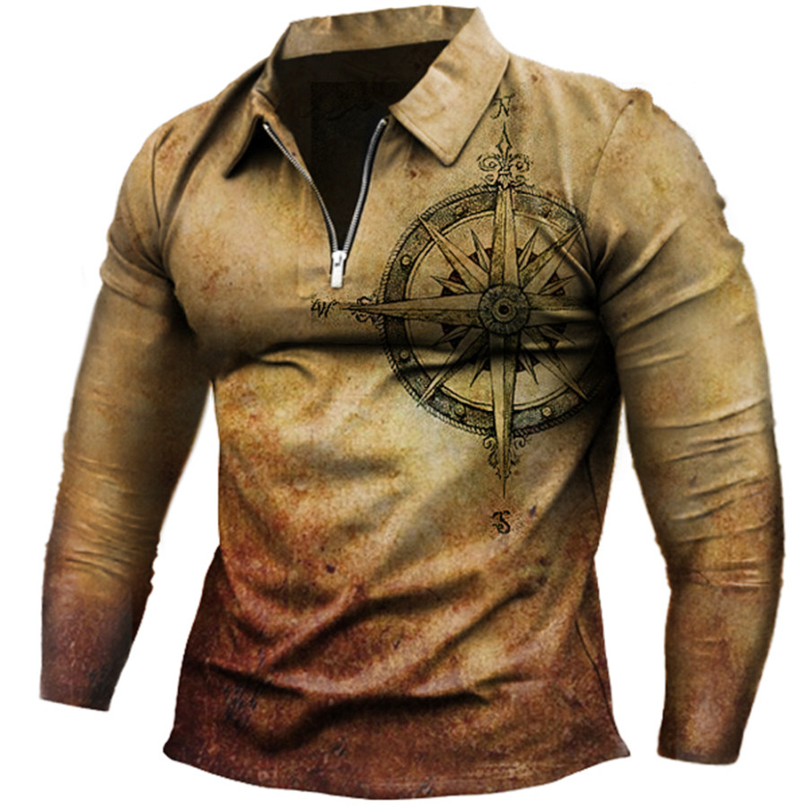 

Men's Vintage Compass Nautical Print Zip Polo Neck Long Sleeve T-Shirt