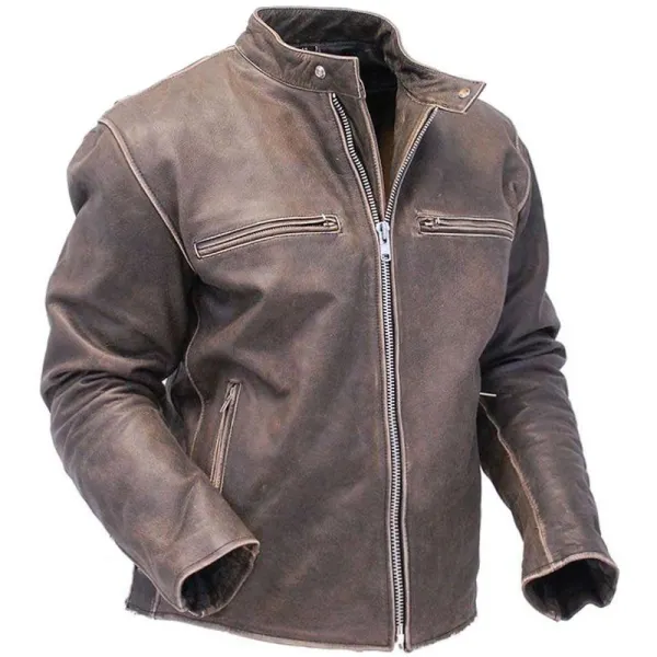 Men's Multi Pocket Vintage Full Zip Leather Motorcycle Jacket - Nikiluwa.com 