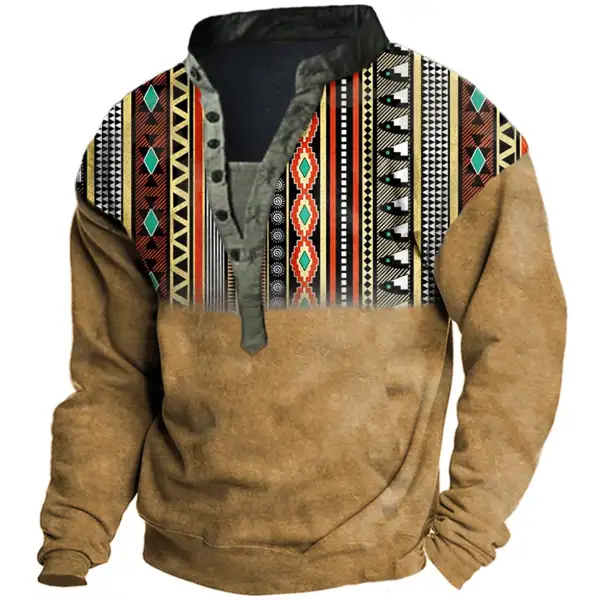 Men's Vintage Ethnic Geometric Stripes Henley Sweatshirt - Nikiluwa.com 