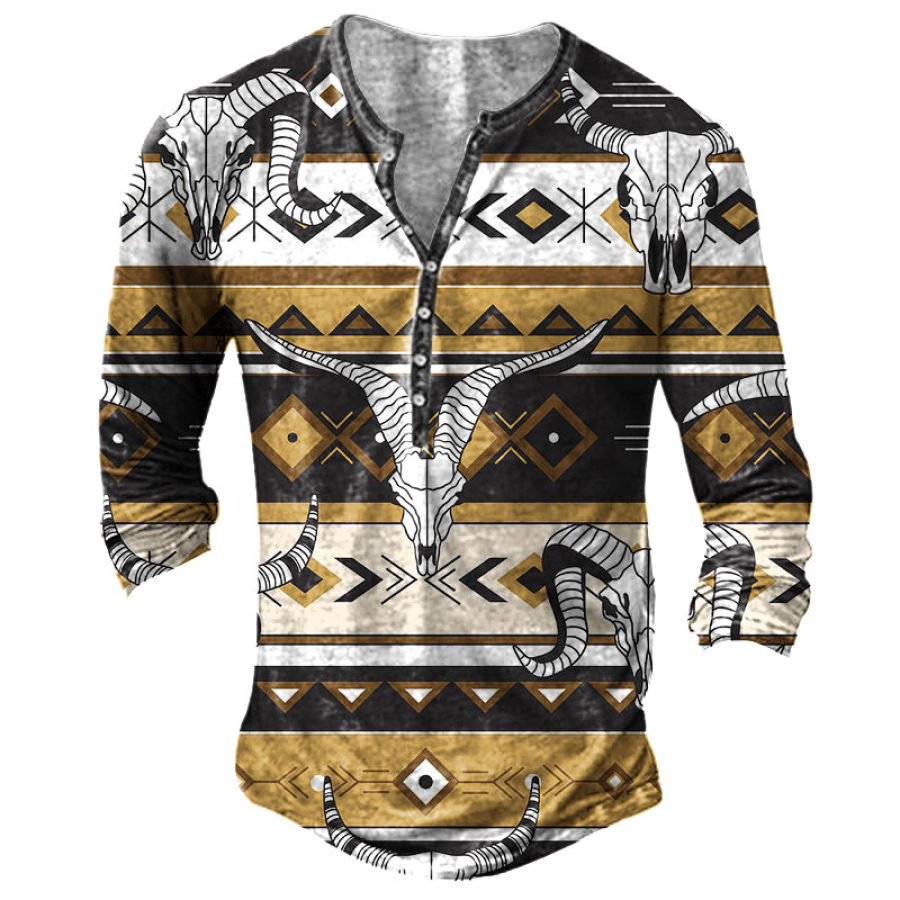 

Men's Vintage Western Cow Skull Henley Long Sleeve T-Shirt