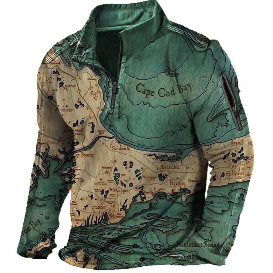 

Vintage Nautical Map Print Men's Henley Zip Neck Tactical T-Shirt
