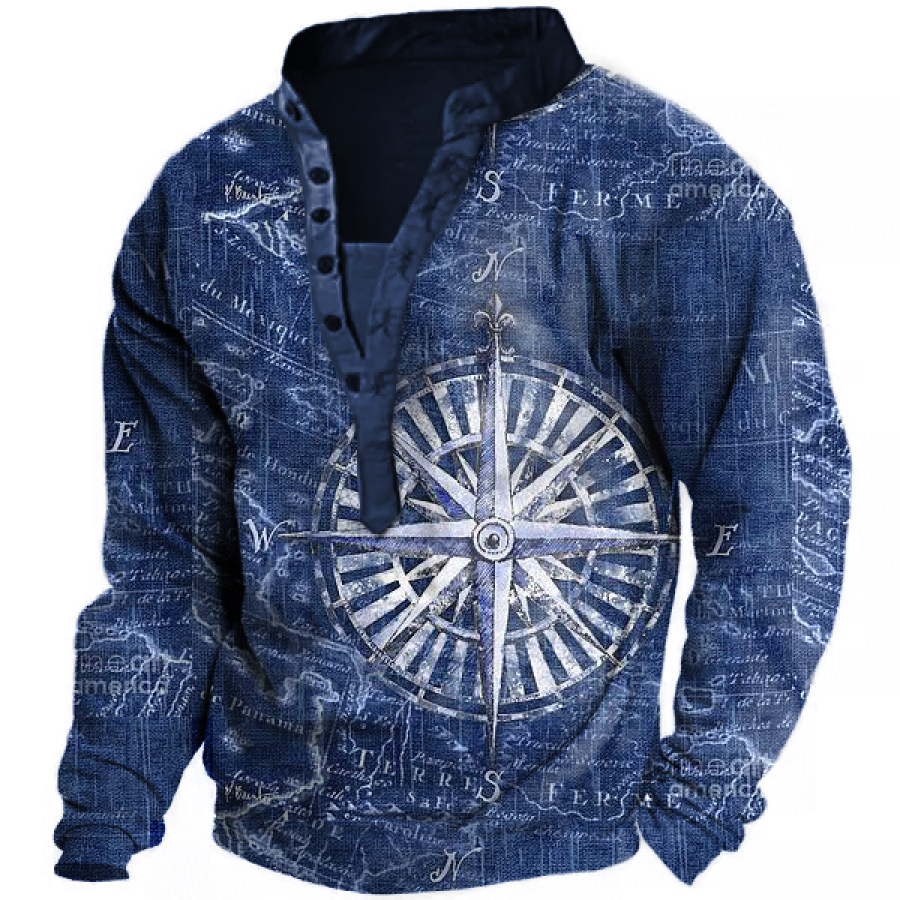 

Vintage Nautical Compass Print Men's Henley Tactical Sweatshirt