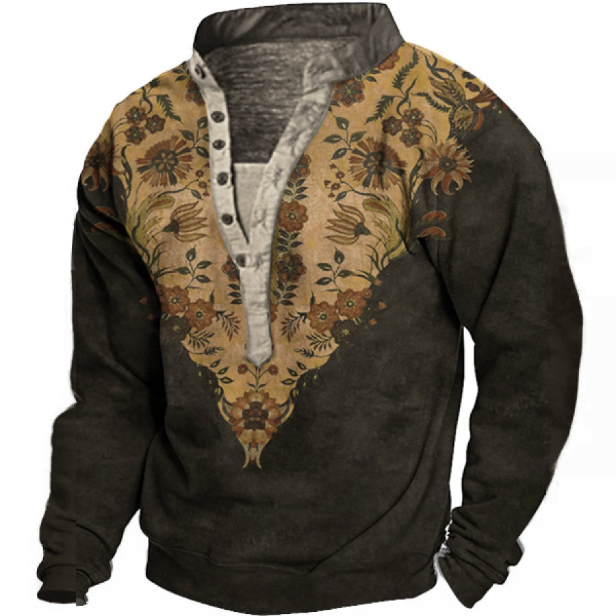 

Men's Vintage Print Henley Tactical Sweatshirt