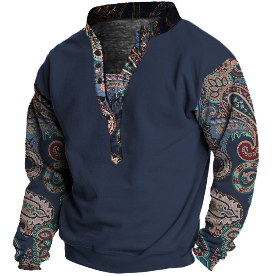 

Men's Retro Western Ethnic Print Henley Collar Long Sleeve Sweater