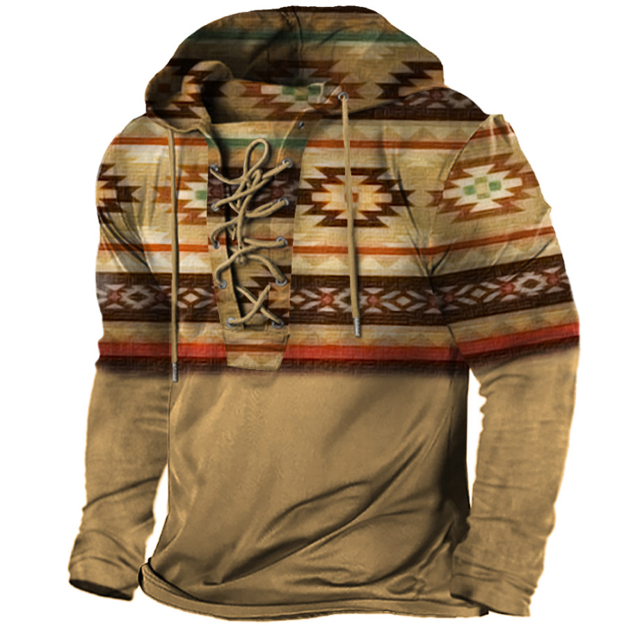 

Men's Retro Western Ethnic Print Tie Hooded Long Sleeve T-Shirt