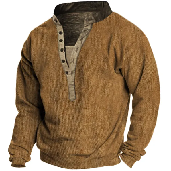 Men's Outdoor Vintage Corduroy Henley Collar Long Sleeve Sweatshirt - Nikiluwa.com 