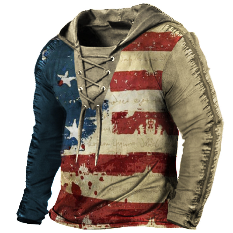 

Men's Vintage American Flag Print Drawstring Hooded T-Shirt