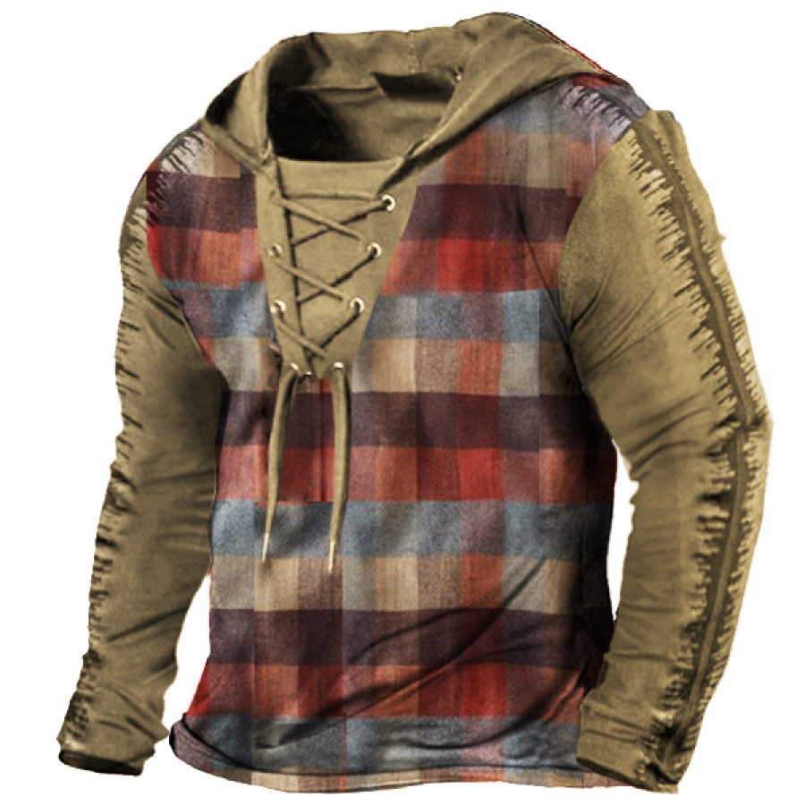 

Men's Vintage Check Print Drawstring Hooded T-Shirt