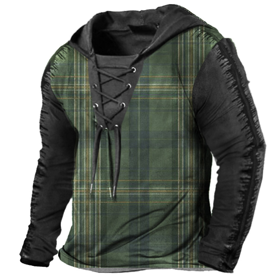 

Men's Outdoor Check Print Drawstring Hooded Long Sleeve T-Shirt