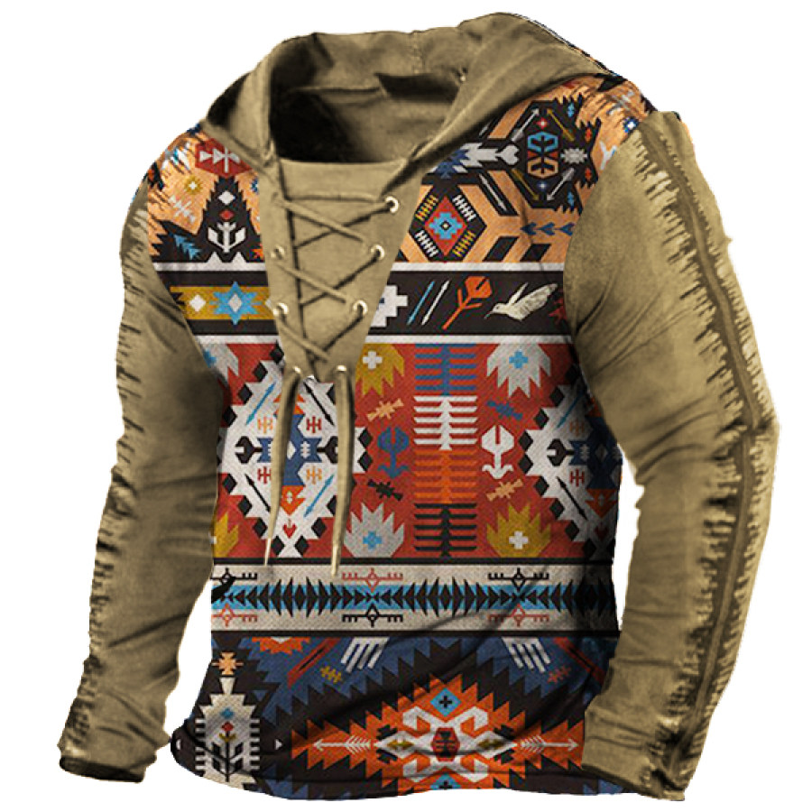 

Men's Outdoor Ethnic Pattern Vintage Print Drawstring Hooded T-Shirt