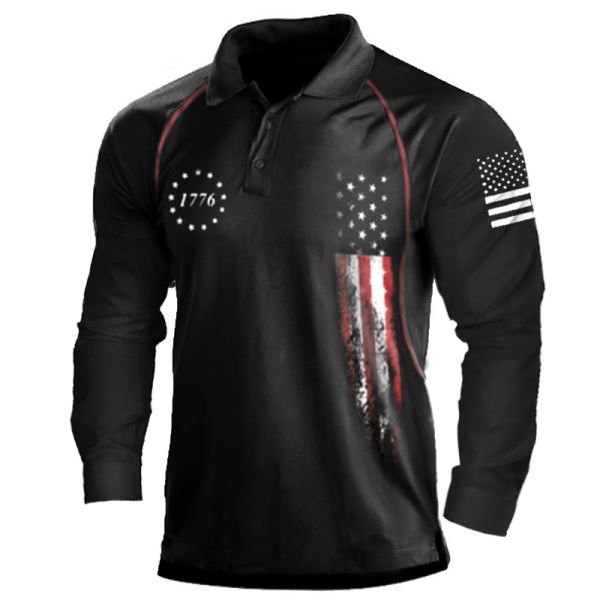 Men's 1776 Independence Day Chic American Flag Graphic Print Long Sleeve Polo Shirt