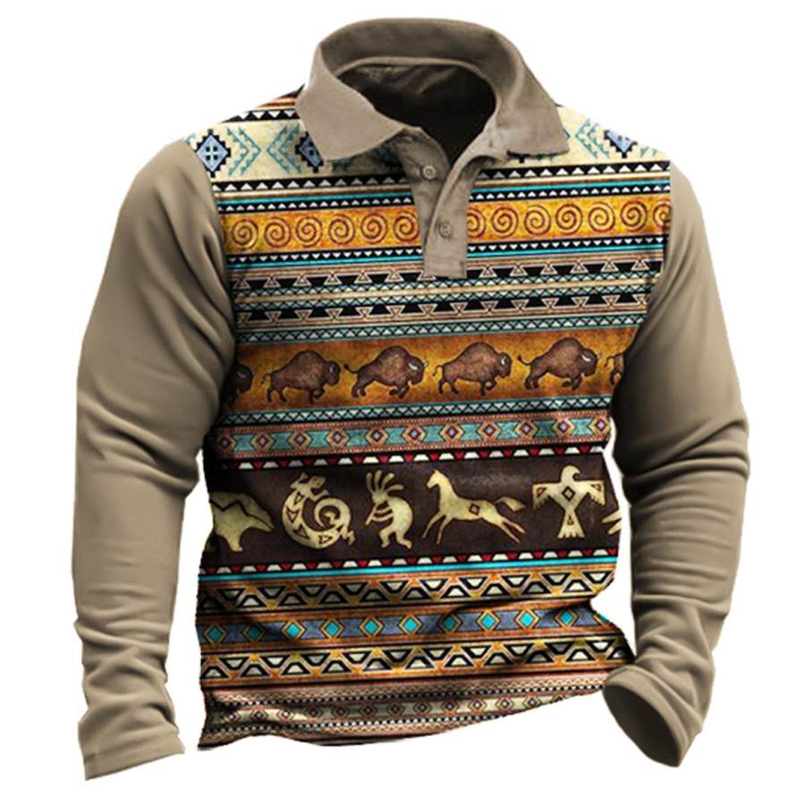 

Men's Vintage Western Aztec Print Polo Sweatshirt