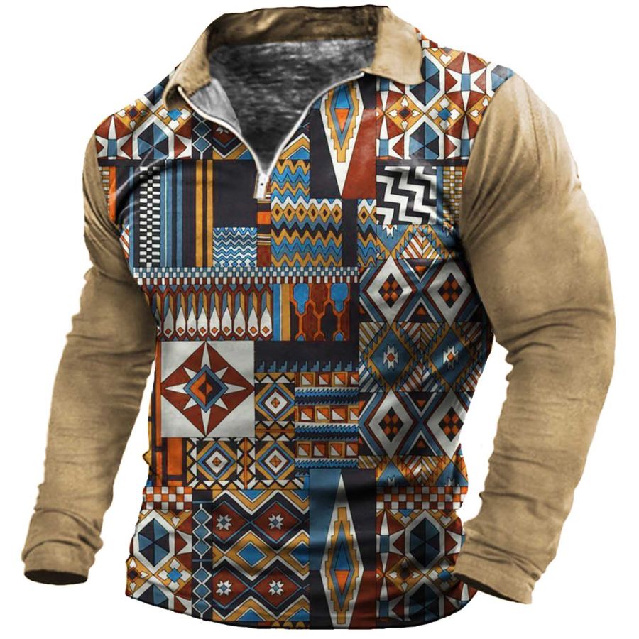 

Men's Vintage Western Ethnic Pattern Zip Polo Long Sleeve T-Shirt