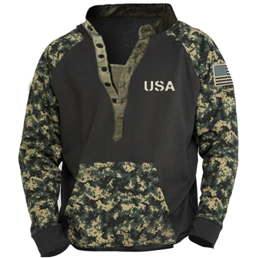 

Men's American Flag Camo Print Henley Half Collar Tactical Sweatshirt