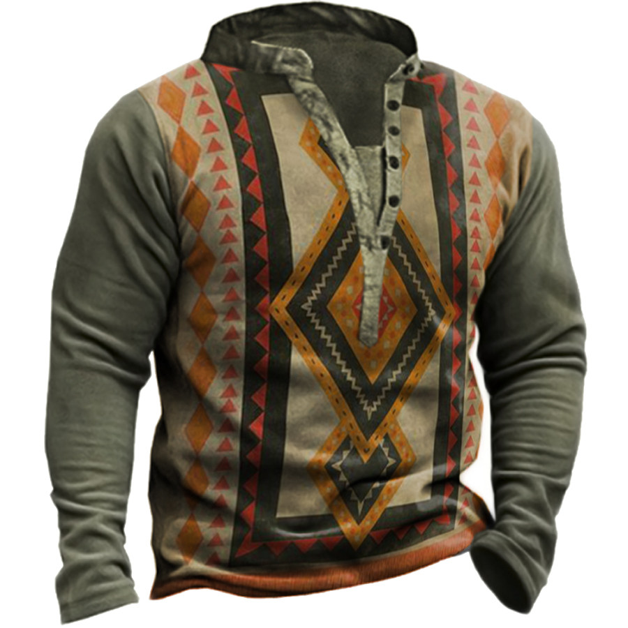 

Men's Vintage Ethnic Print Henley Collar Sweatshirt