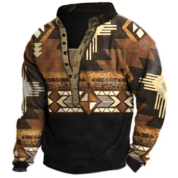 Men's Ethnic Print Henley Collar Sweatshirt - Mosaicnew.com 