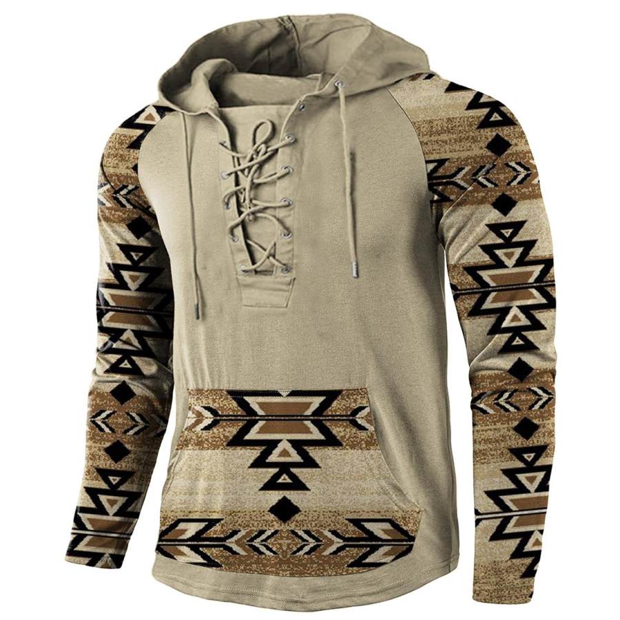 

Men's Ethnic Geometric Pattern Lace-Up Long Sleeve Hooded T-Shirt