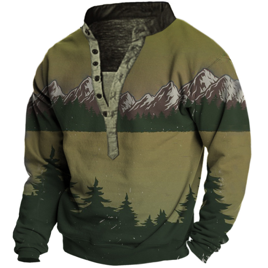 

Men's Outdoor Hill Forest Print Henley Collar Sweatshirt