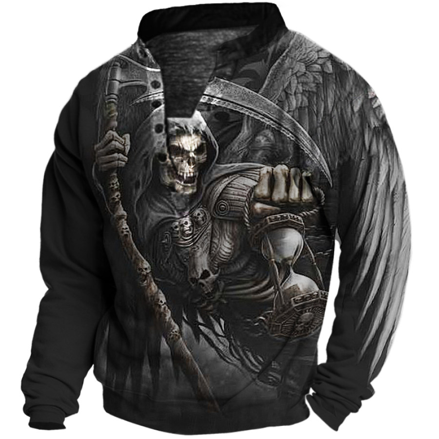 

Men's Vintage Dark Skull Print Print Long Sleeve Henry Henley Collar Sweatshirt
