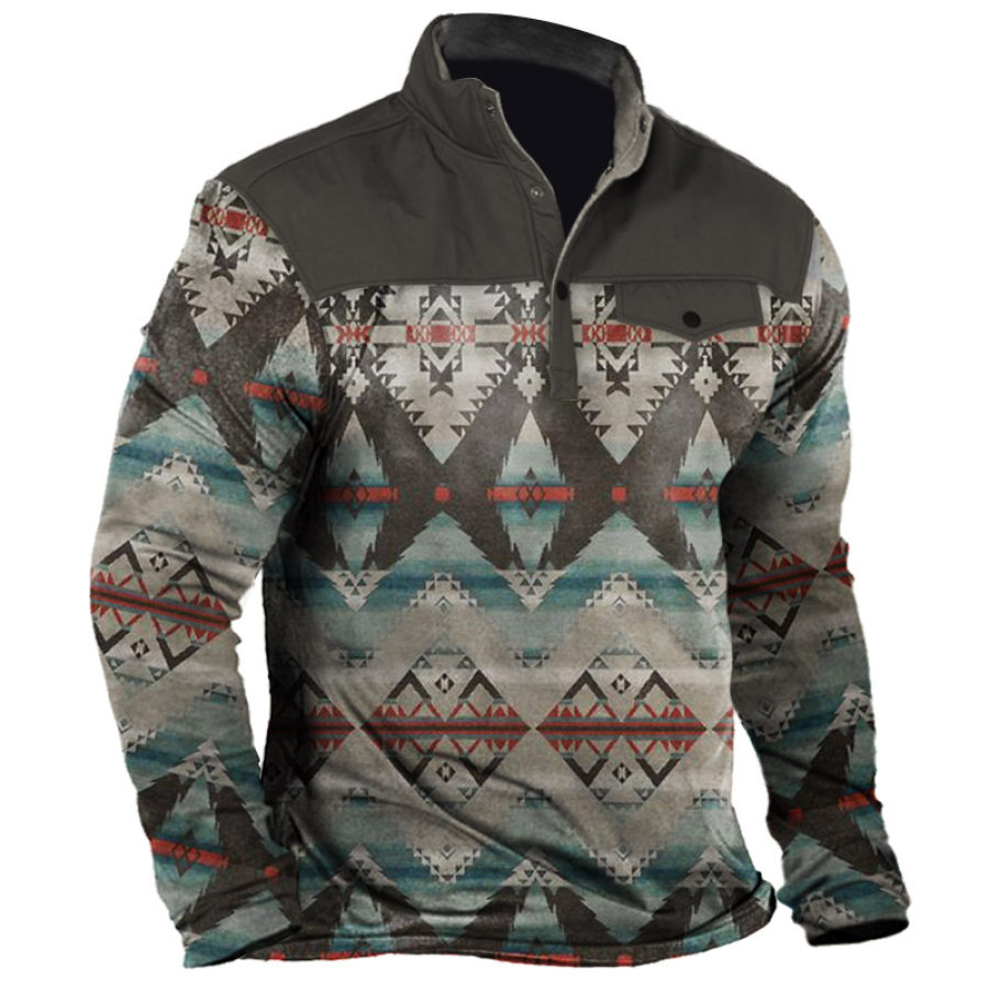 

Men's Vintage Ethnic Print Patchwork Half Open Collar T-Shirt