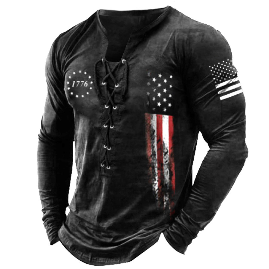 

Men's 1776 American Flag Print Lace-Up Long Sleeve T-Shirt