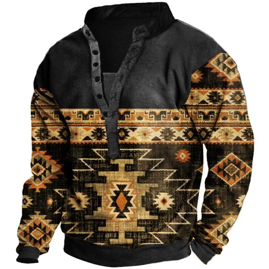 

Men's Vintage Ethnic Geometric Pattern Henley Sweatshirt