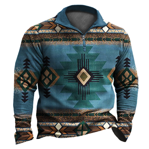 Men's Vintage Ethnic Geometric Zip Sweatshirt