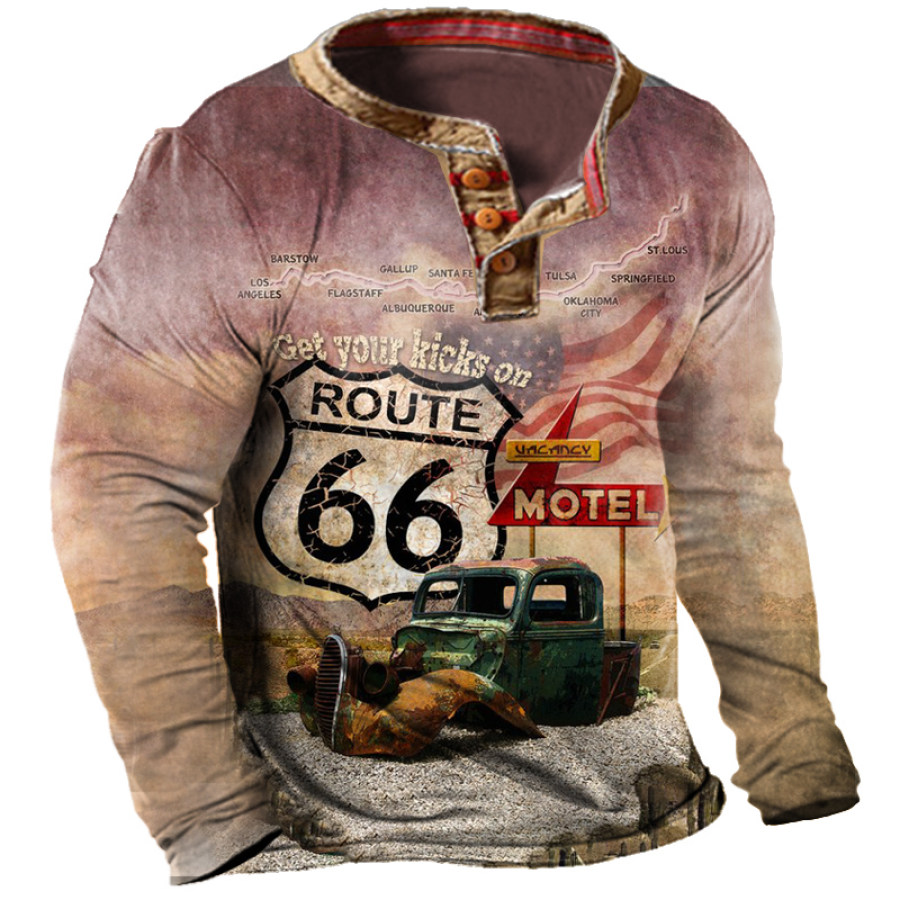 

Men's Vintage Road Trip 66 Print Henley Long Sleeve T-Shirt