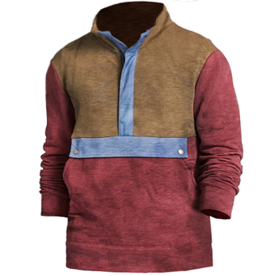 

Men's Vintage Contrast Print Henley Half Open Collar Sweatshirt